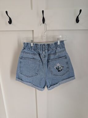 SHEIN Light Blue Denim Paperbag Waist Shorts with Back Pocket Floral Embroidery